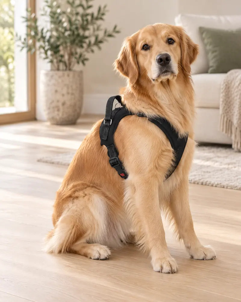 A golden retriever sitting indoors wearing the OCLE harness.