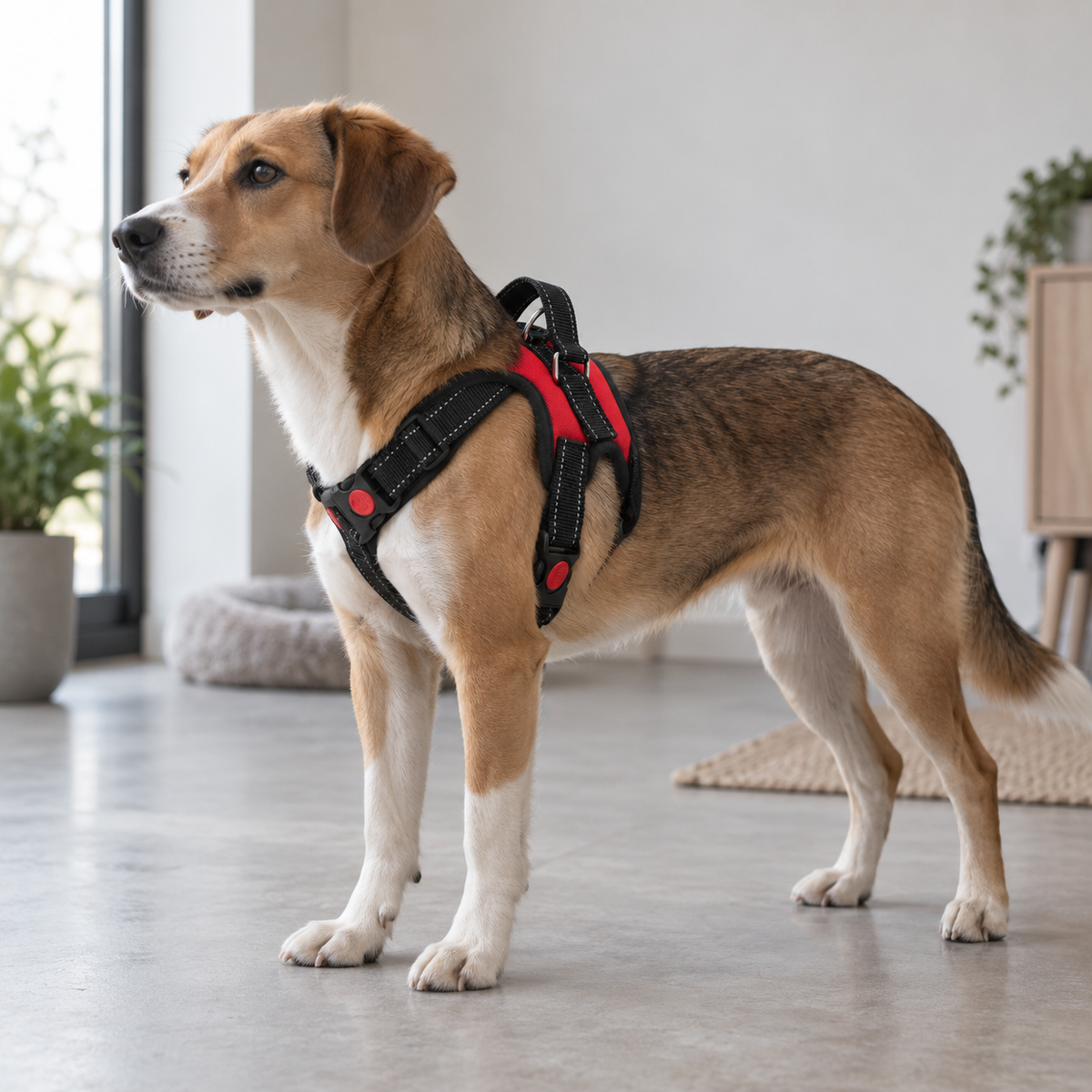 Dog wearing a harness with a collar and tag