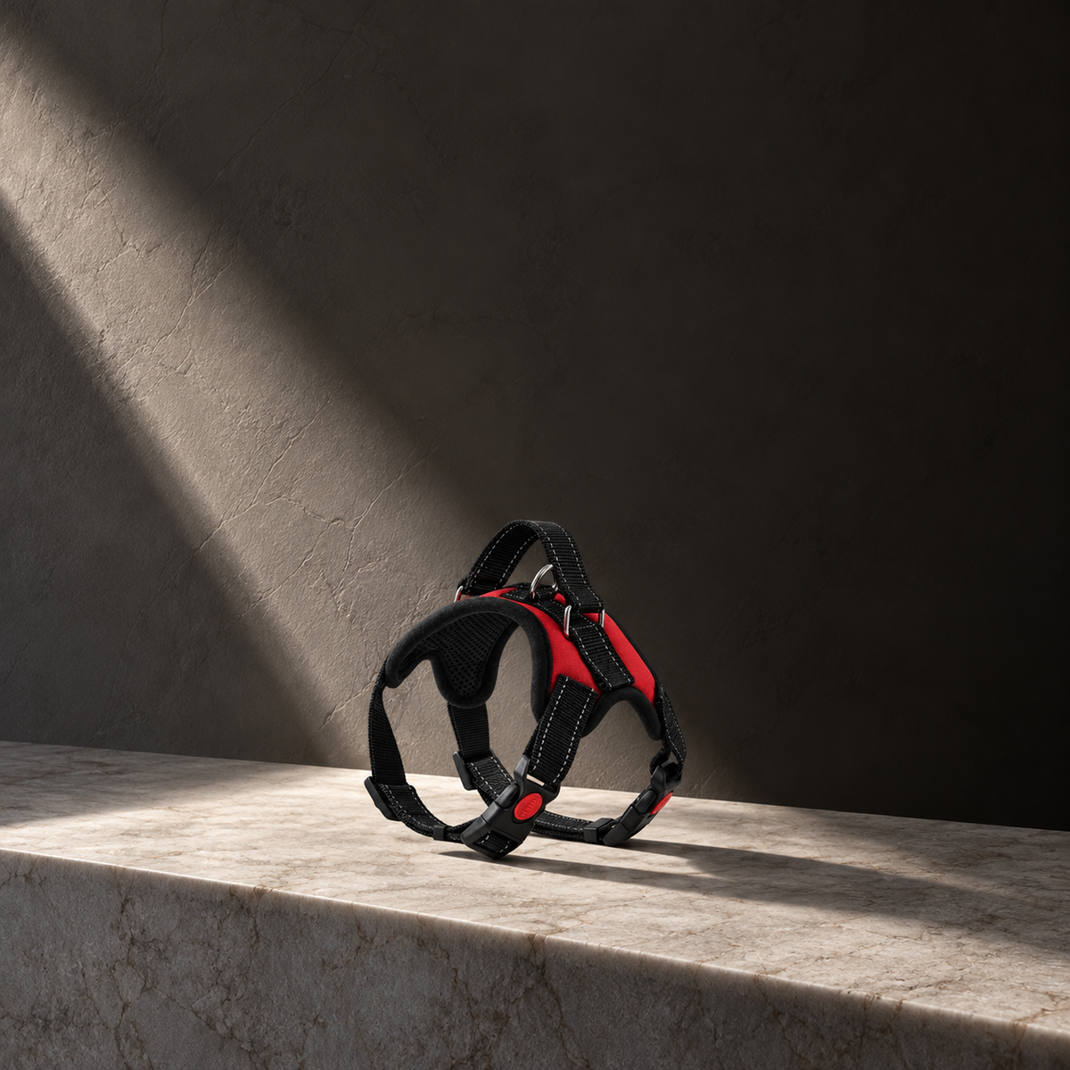 Black padded no-choke dog harness with reflective straps