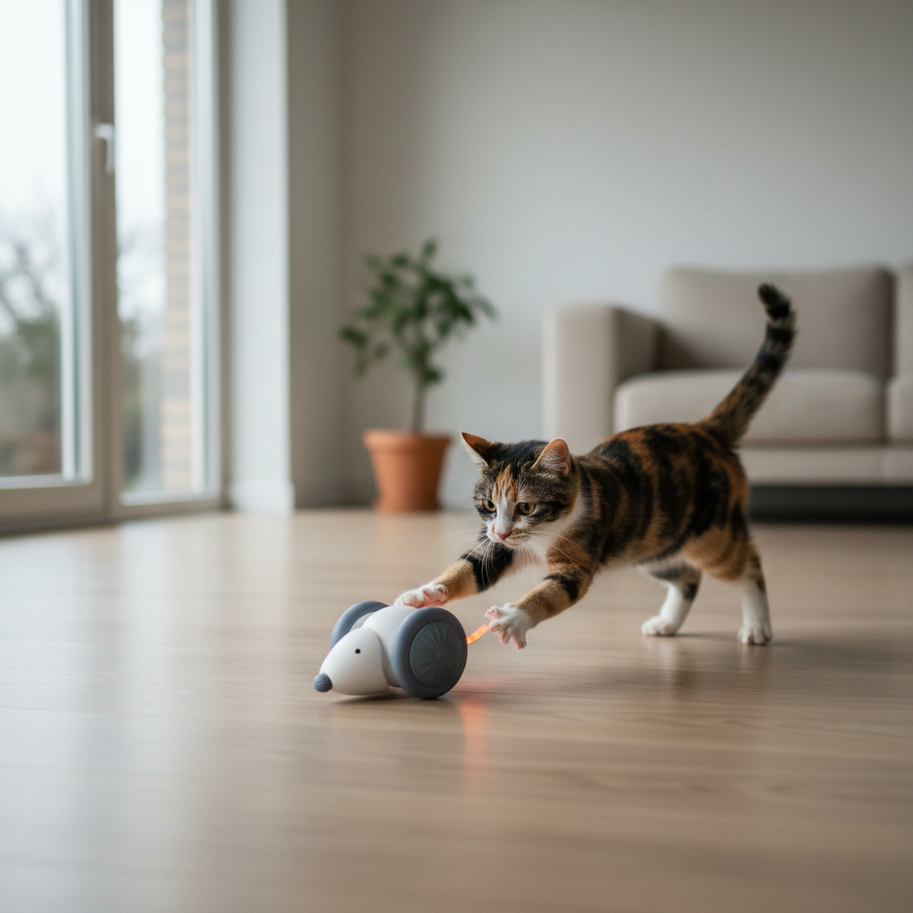 Robotic LED mouse toy moving across a floor with a cat watching