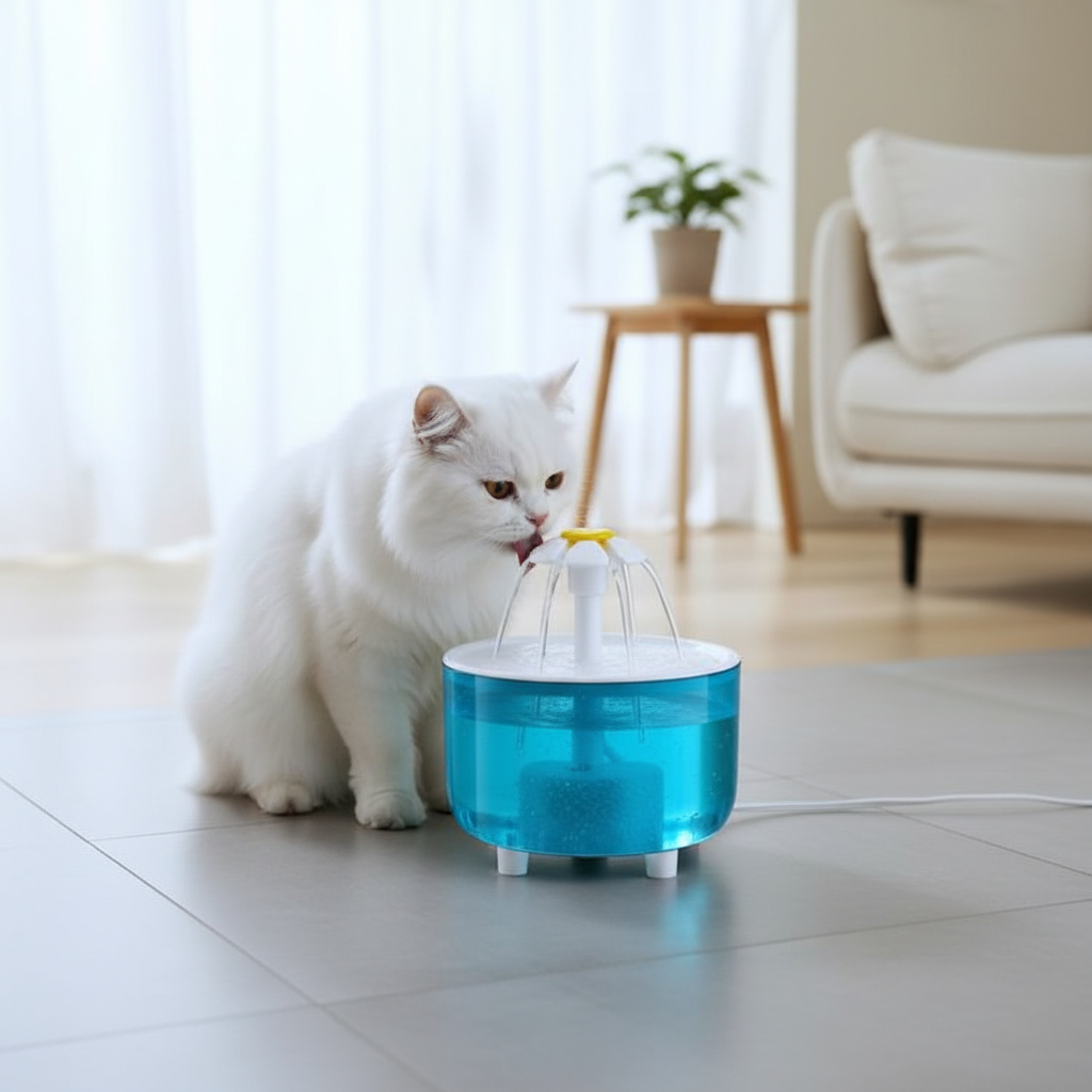 Cat drinking from a filtered water fountain