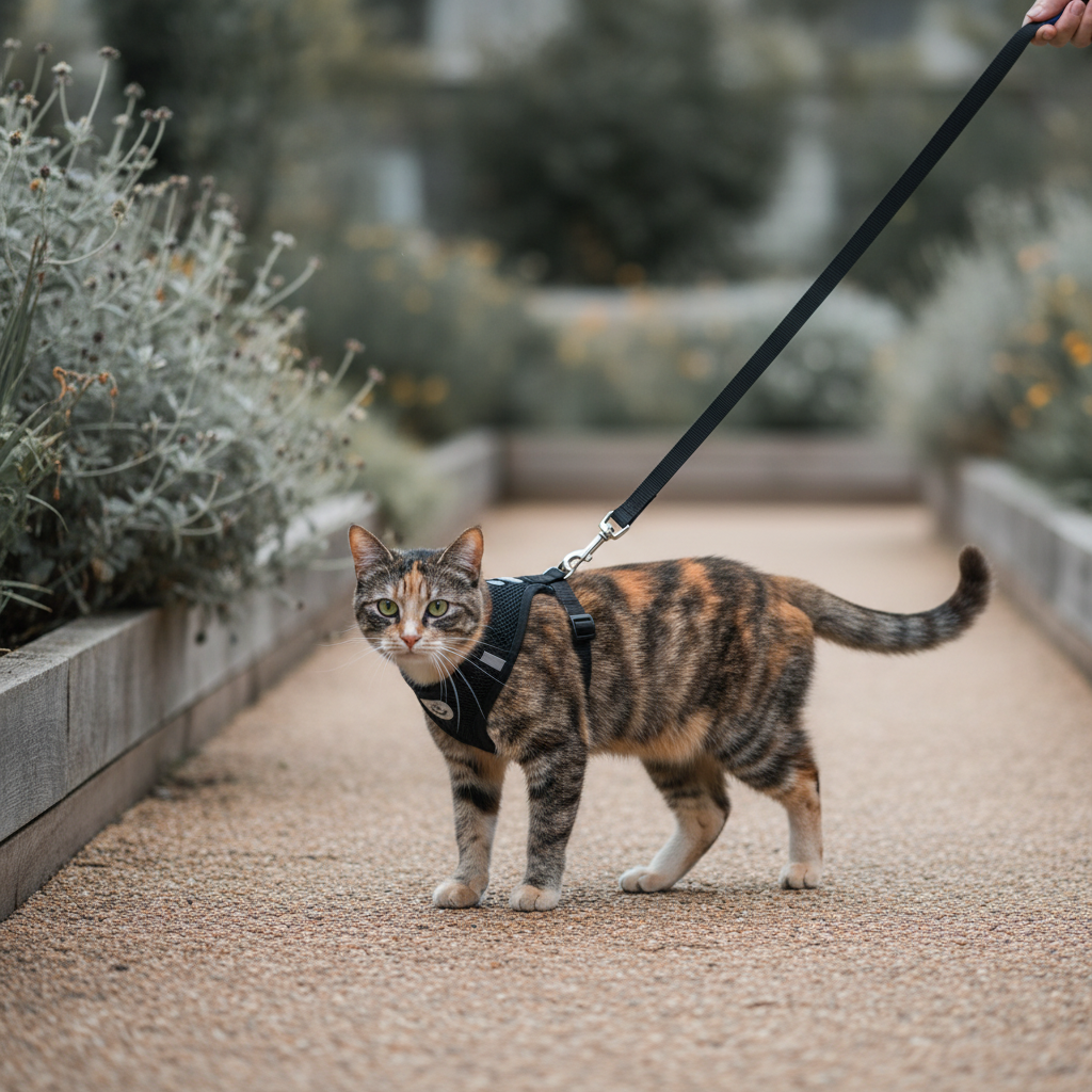 Cat wearing an anti-escape harness attached to a matching lead