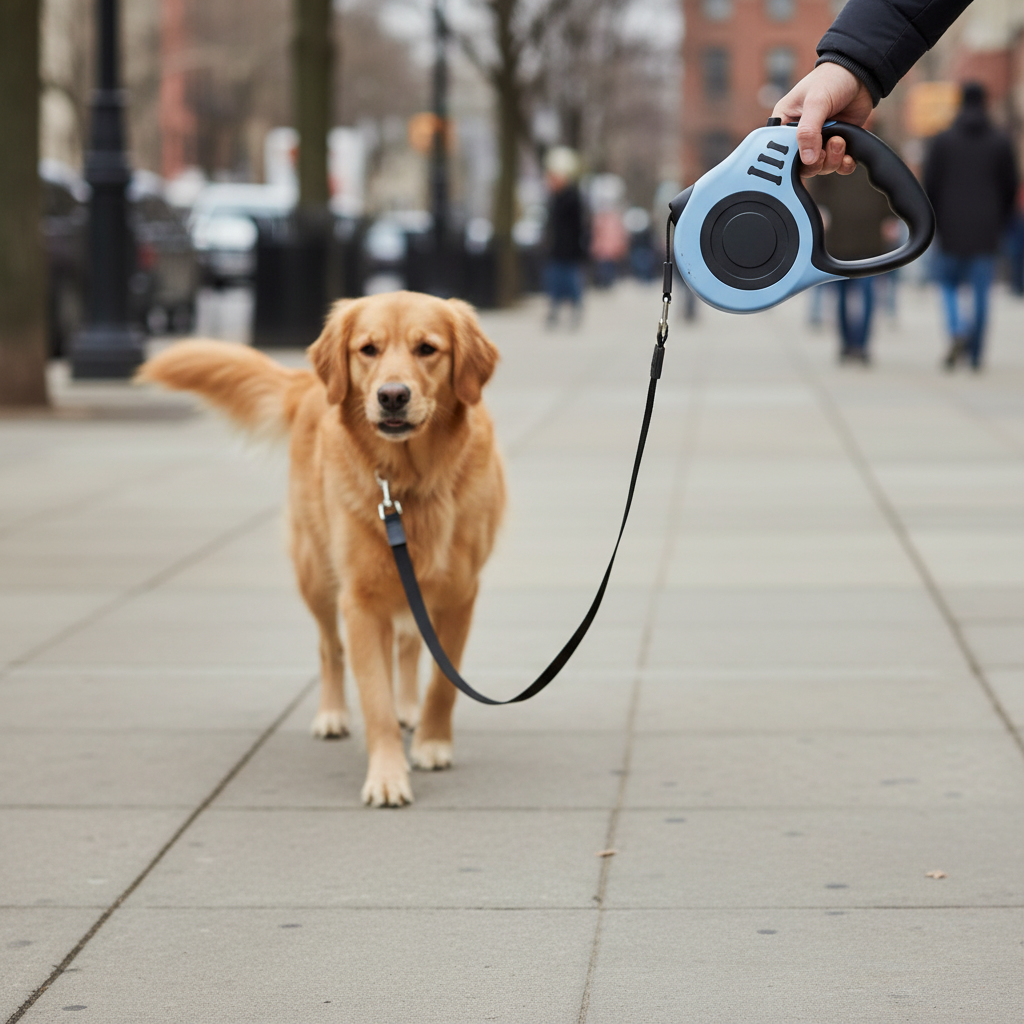 Dog walking on a retractable lead with the brake button under the thumb