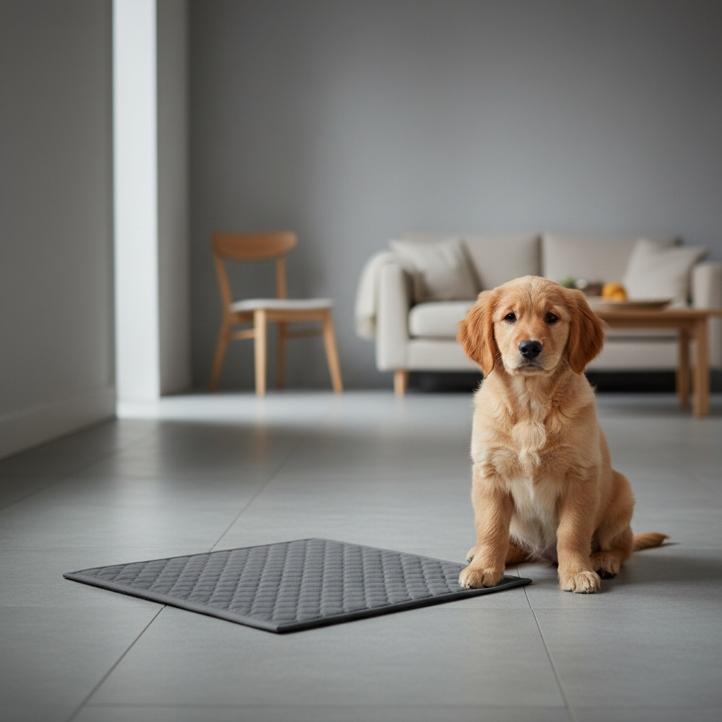 Puppy standing on a washable training pad