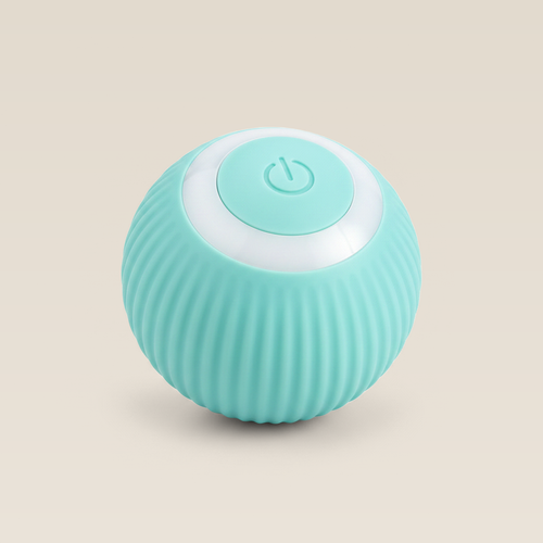Mint BouncePro ribbed rolling cat ball on a warm cream studio background