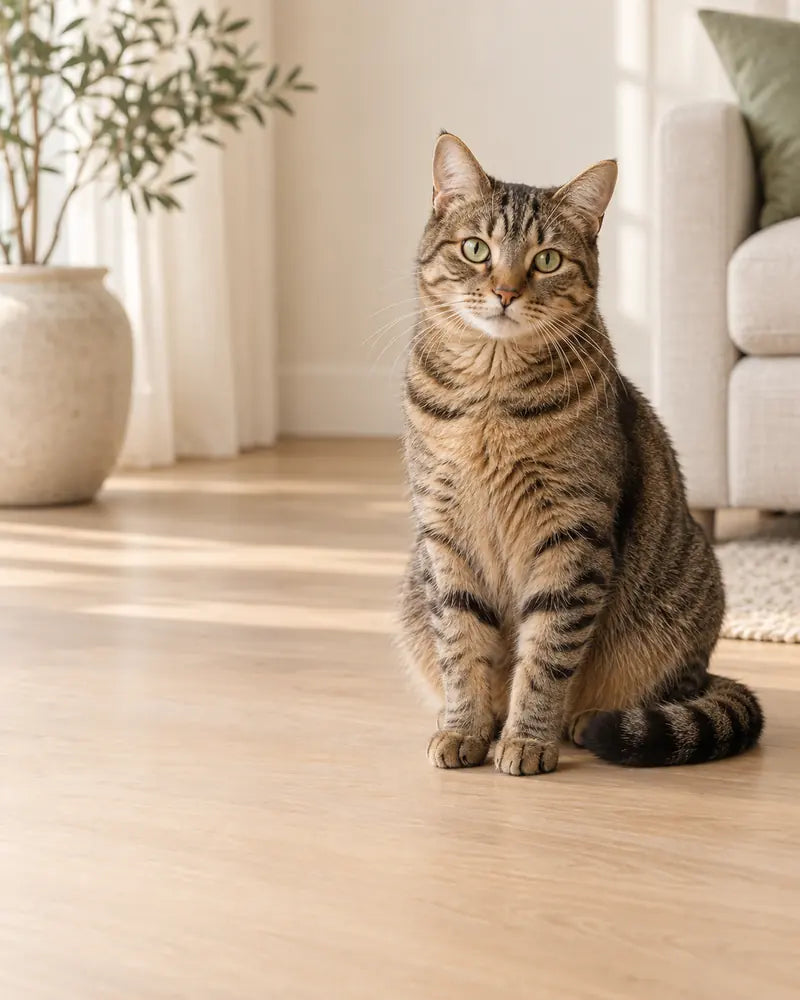 A tabby cat sitting in a bright, warm living room.